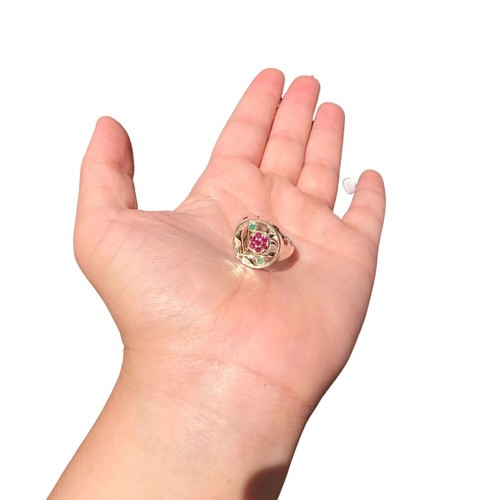 Anello Melograno Ebraico con Rubino e Smeraldo Oro Giallo 9K & Argento 925 Gioielli - Foto 2 di 9