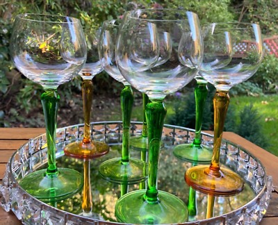 Set 8 Vintage MCM Grün & Bernstein Stiel Wein Hock Gläser Retro Hausbar