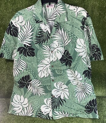 Aloha Republic Hawaiian Shirt Mens Size-L Green Floral Aloha Beach Short Sleeve