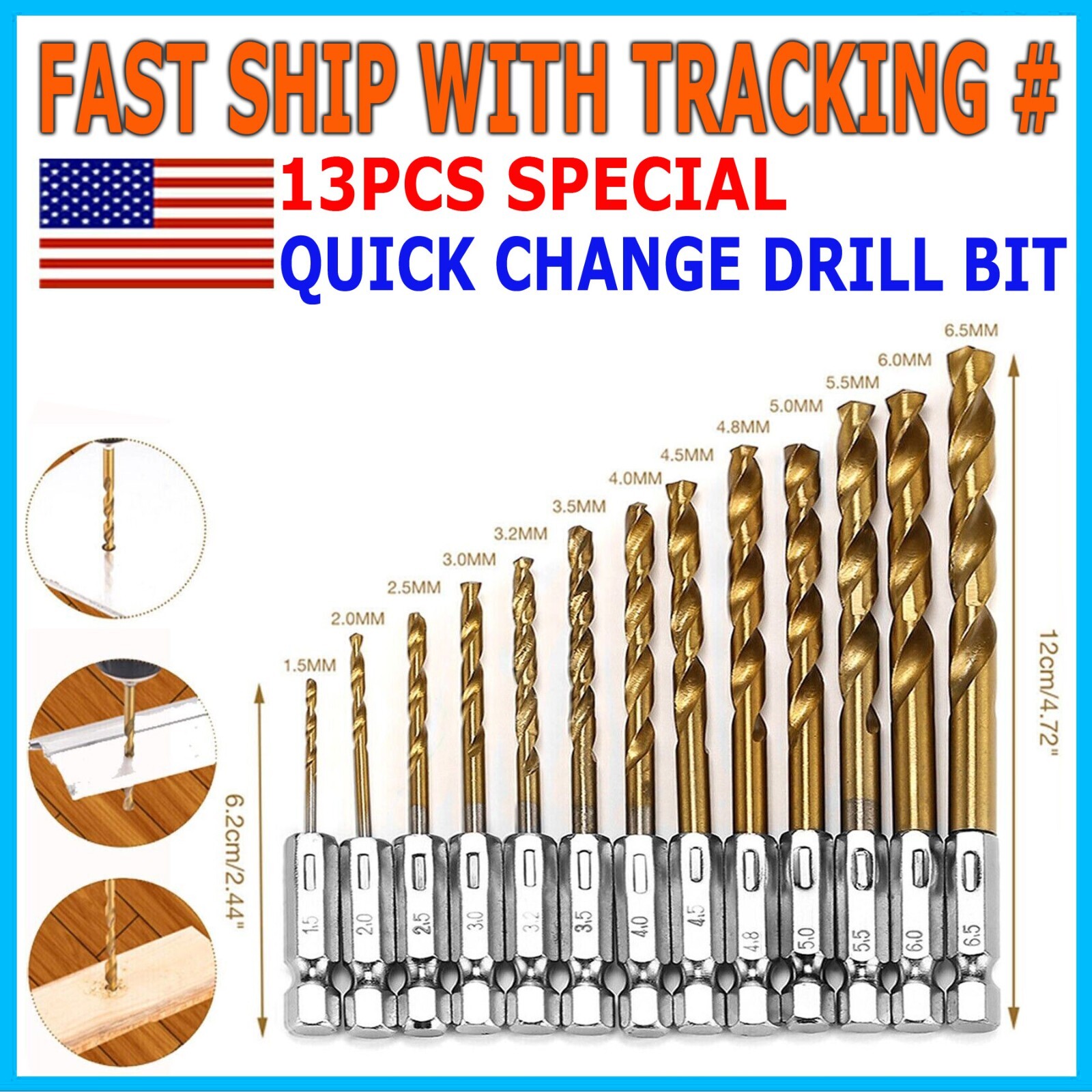 13PCS HSS Twist Drill Bit Set Metal Titanium 1/4" Hex Shank Kit QUICK