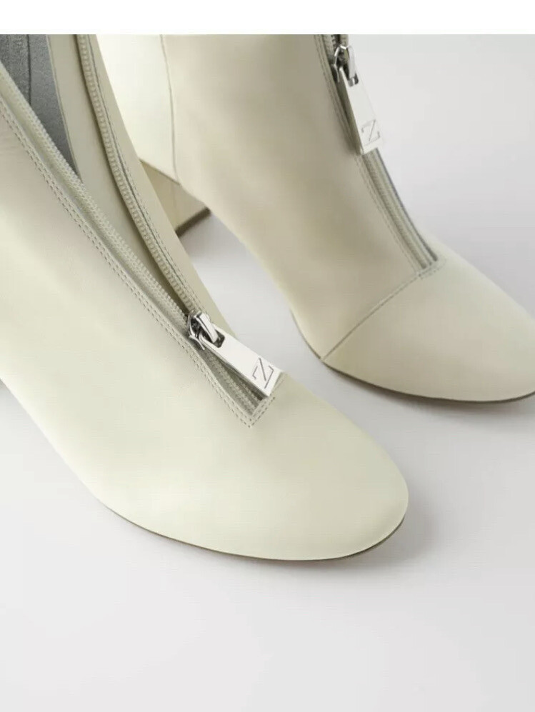 ZARA SOFT LEATHER HEELED ANKLE BOOTS WITH ZIP ECRU SZ NEW