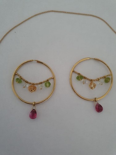Parure En Or 18k Collier Et Boucles d Oreilles Créoles Pierres - Photo 3/15