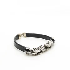 King Baby Studio Black Leather Strap Bracelet Rotor Links Silver .925 Size 8.25"