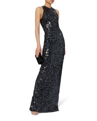 GALVAN London Navy Silver Black Sequin Racerback Maxi Gown