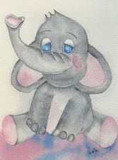 Original OOAK Hand Painted Watercolor Baby Elephant 300LB CottonPaper 12"x8.875"