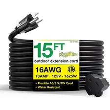 15 Ft. 16/3 SJTW Outdoor Extension Cord, Black