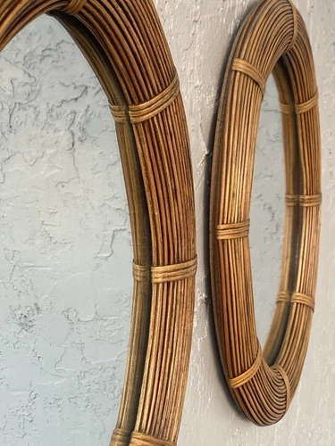 Vintage Coastal Oval Pencil Reed Rattan Mirrors - A Pair - Picture 5 of 6