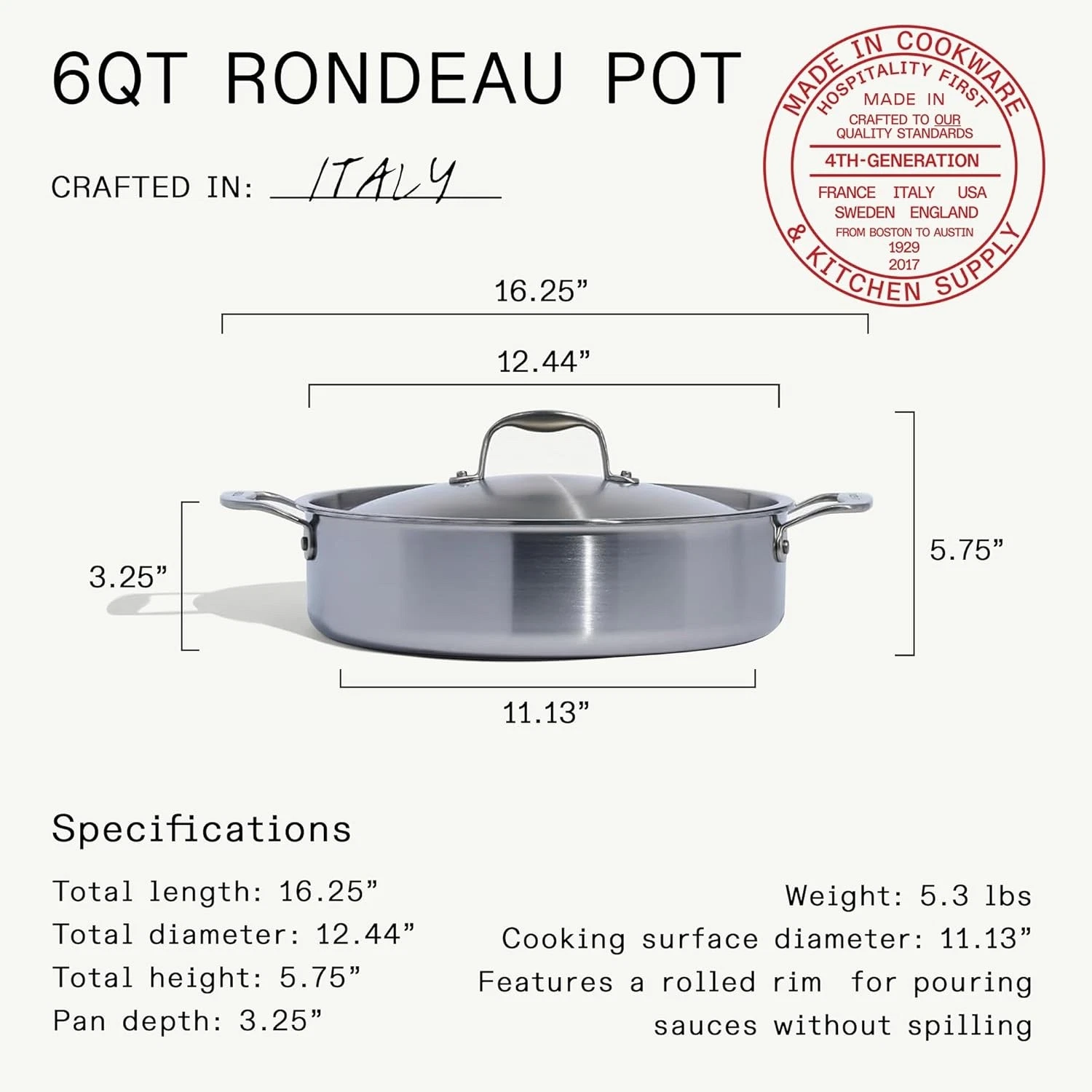 MADE IN Professional Cookware Stainless Clad Rondeau 5.7L Large Casserole Pan
Opens in a new window