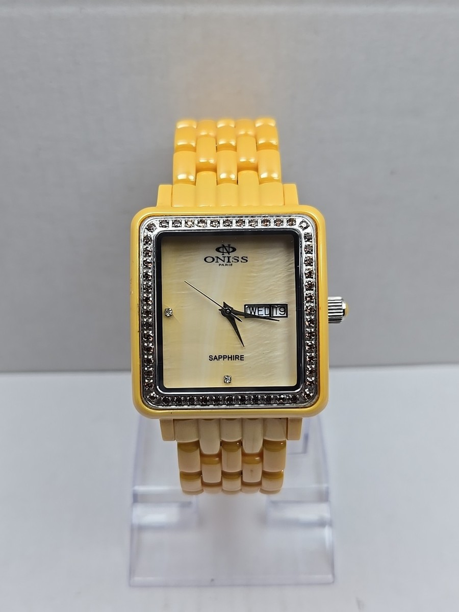 Oniss Paris Yellow Ceramic Day Date Sapphire Crystal Womens Watch New Battery Oniss Paris 3ATM Women main image 3