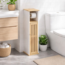 Colonna Mobiletto Bagno Moderno Bianco Legno Bambù 18x18x75 Porta Carta Igienica