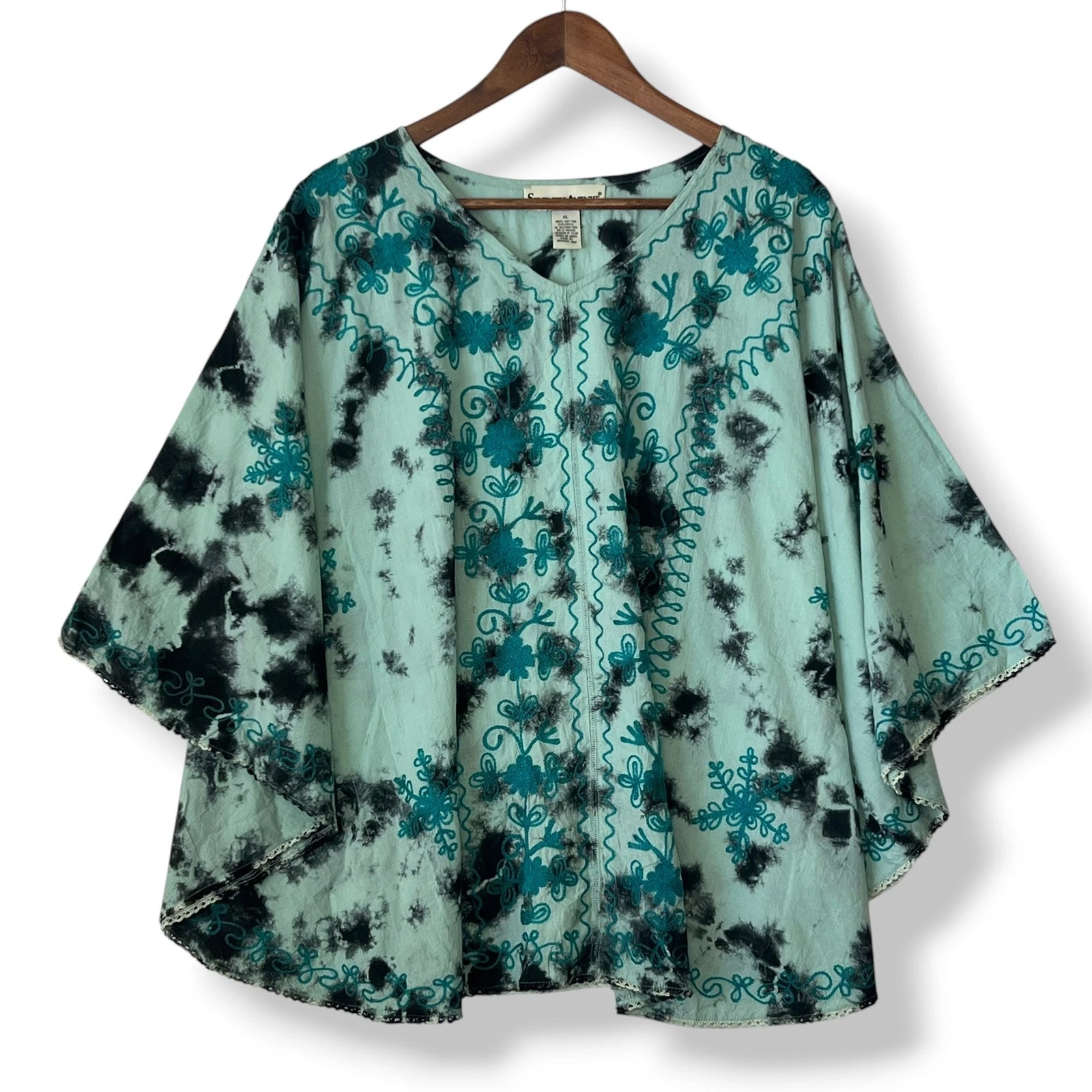 Seventh Avenue Poncho Blouse XL Mint Green NWT Tie Dye Embroidered 100% Cotton