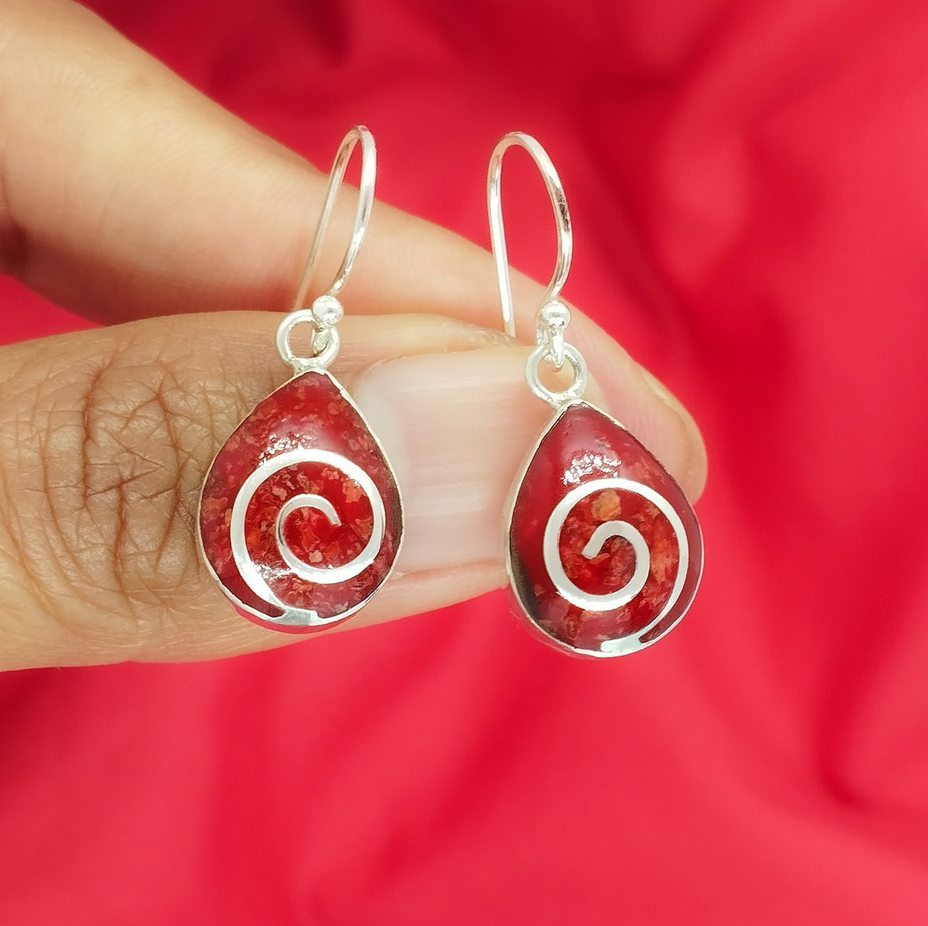 Boucles d'oreilles corail rouge argent 925 femme pendants forme goutte d'eau