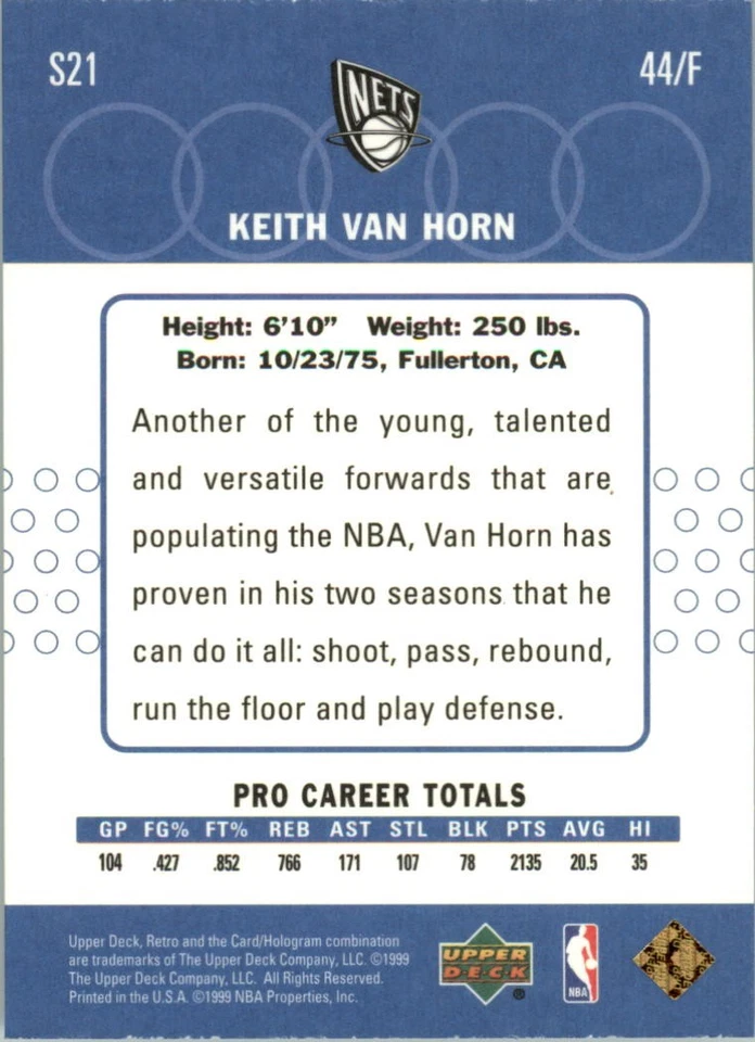1999-00 Upper Deck Retro Old School/New School #S21 Keith Van Horn - BSK - Image 2 of 2