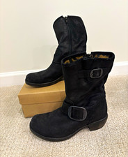 Fly London Women’s Black Suede Mid-Calf Biker Boots Buckle Zip US 6.5