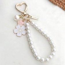 Cherry Blossom Fan Keychain Pearl Chain Pendant Bag Charm Car Key Ring Straps
