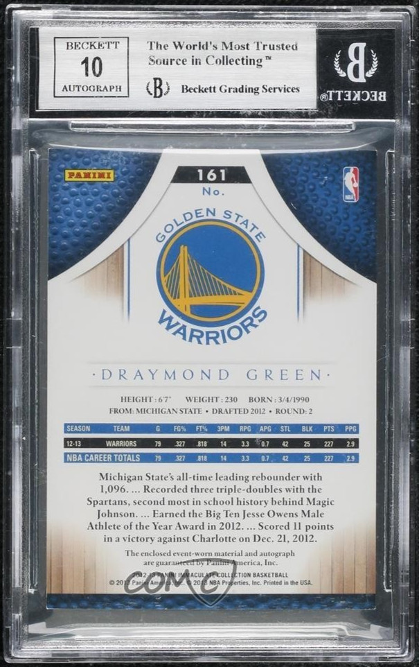 2012 Immaculate Collection #161 DRAYMOND GREEN Rookie Auto Patch 7/99 BGS 9 view 2