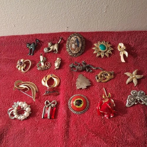 Lot 20 old brooches vintage costume jewelry pins cats red hat flower gecko rare