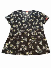 Dickies women's V-neck scrub top black white floral print, Sz M style DK705 ANBL