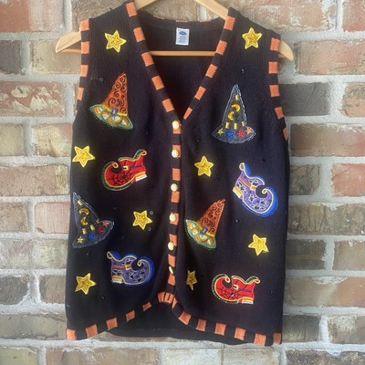 Halloween Large Sweater Vest Women s Austin Clothing Co Witch Hats  Black Orange