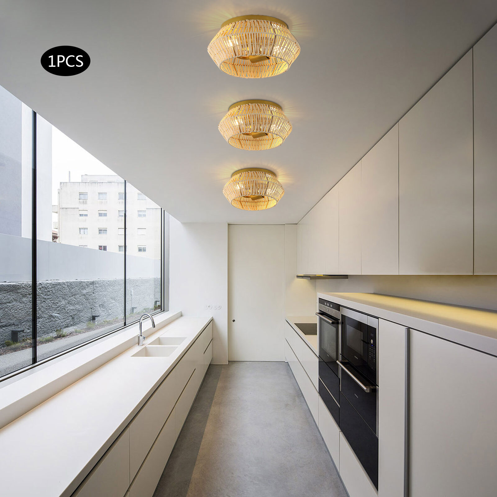 Woven Rattan Gold Ceiling Light Fixture E26 Bedroom Lamp USA  