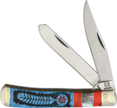 Rough Rider Dreamcatcher Trapper Blue & Red Turquoise Folding Blade Knife 1525