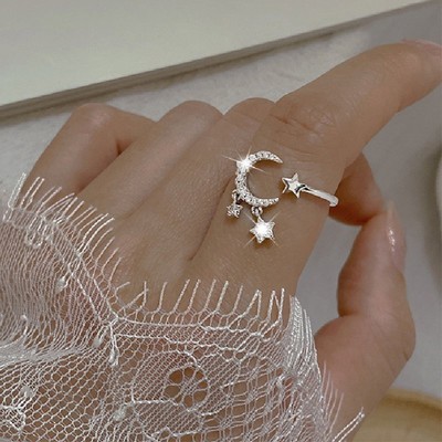 925 Silver Plated Moon&Star Tassel Knuckle Ring Open Zircon Ring for Women Gift