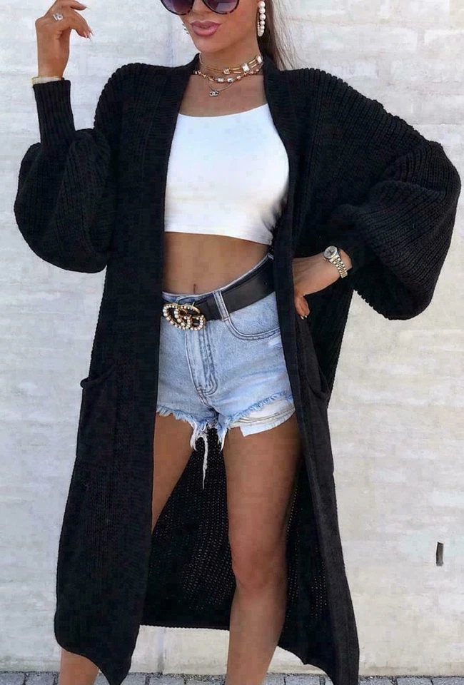 Women Chunky Knitted Oversized Cardigan Ladies Balloon Sleeve Long Maxi Cardigan - Image 2 of 4