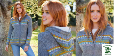 Pachamama handgestrickter Kapuzenpullover aus 100 % Wolle mit Reißverschluss - Braemar Fair Isle - neu mit Etikett