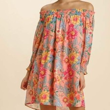 UMGEE NWT Anthropologie Flamingo Floral Off-Shoulder Shift Dress Women's MEDIUM