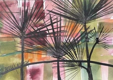 Pamela Wilhelm original Watercolor 5”x7” Five Palms Abstract  MCM STYLE art