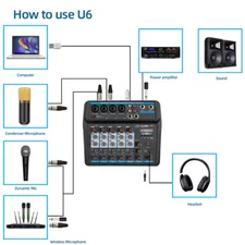 6 Channel Audio Mixer Bluetooth Mixing Console Studio Sound Mixer Bluetooth USB 