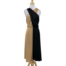 Ann Taylor Dress Womens 4 Black Honey Satin Halter Two Tone Back Tie Lined Midi