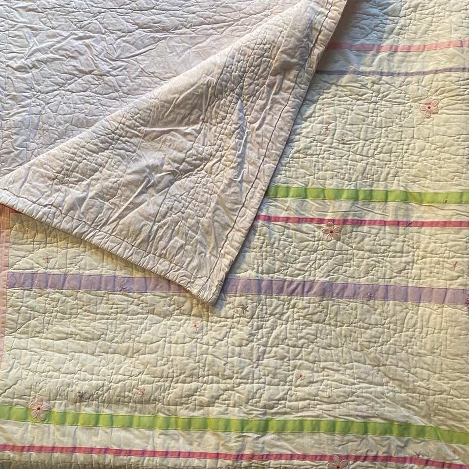 Raro Edredón Vintage POTTERY BARN KIDS Reina Completa Rosa Floral Cinta Rayas Foto 2 de 4