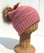 Girls Women Winter Warm Knit with Faux fur Pom Stretchy Ski Beanie hat H