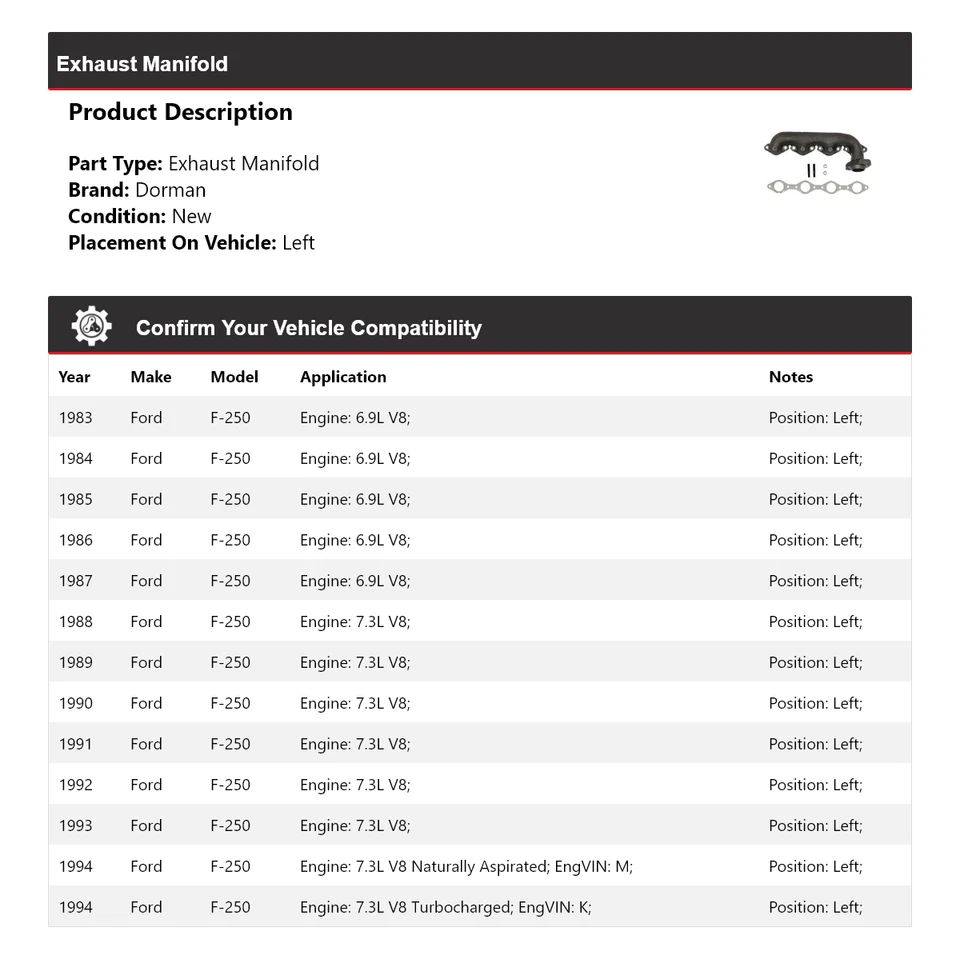 Colector de escape izquierdo para Ford F-250 Dorman 1983-1994 1984 1985 1986 1987 1988 Foto 2 de 4