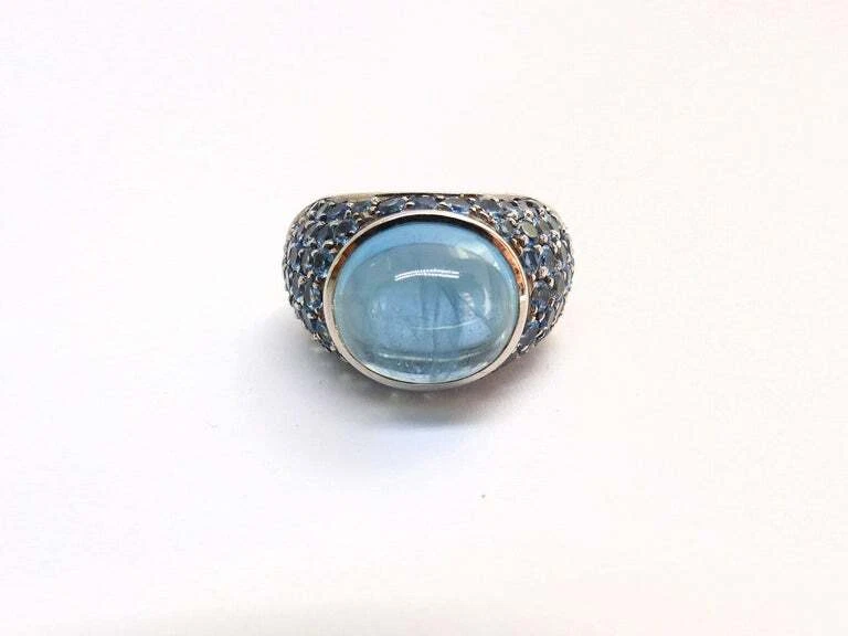 Cabujón de aguamarina fina de plata real 925 con anillo redondo de aguamarina de 16,07 CTW Foto 3 de 4