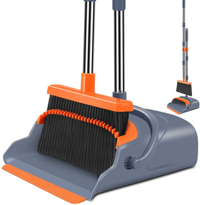 Stand Up Broom Dustpan Set Self Cleaning Teeth for Indoor Outdoor Pet Homes