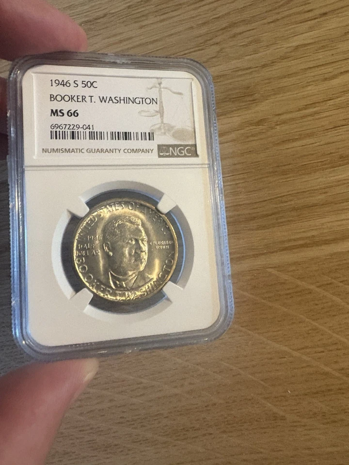 1946 S Gold toner Booker T Washington NGC MS66 Gold tones around rim of coin  - Image 2 of 4