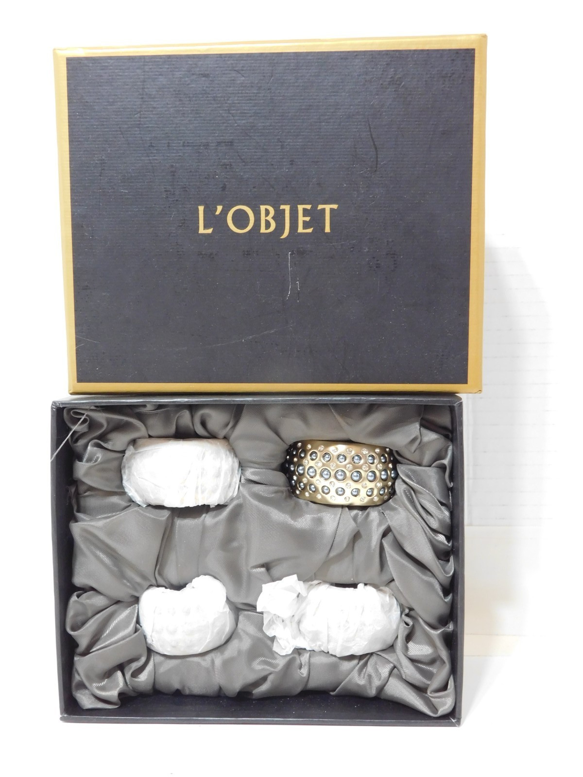 NEW Set of 4 L'Objet Perlee Platinum Napkin Rings in Original Box