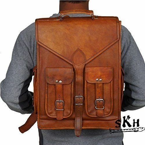 Goat Leather Bag Backpack Laptop Rucksack Men Vintage Brown Genuine S Travel New