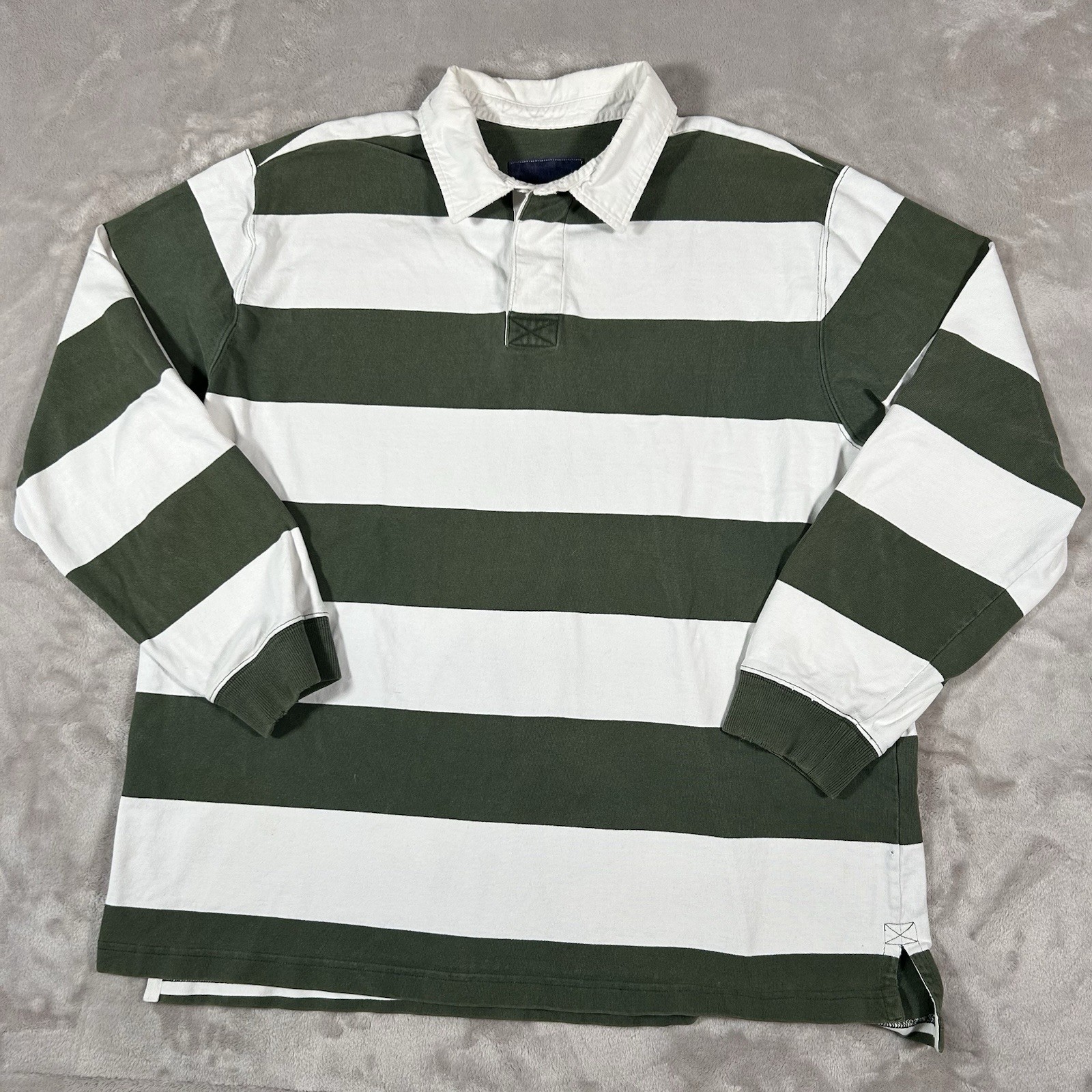 Vintage LL Bean Rugby Polo Shirt Mens XL Green White Heavy Cotton 90s Made Peru