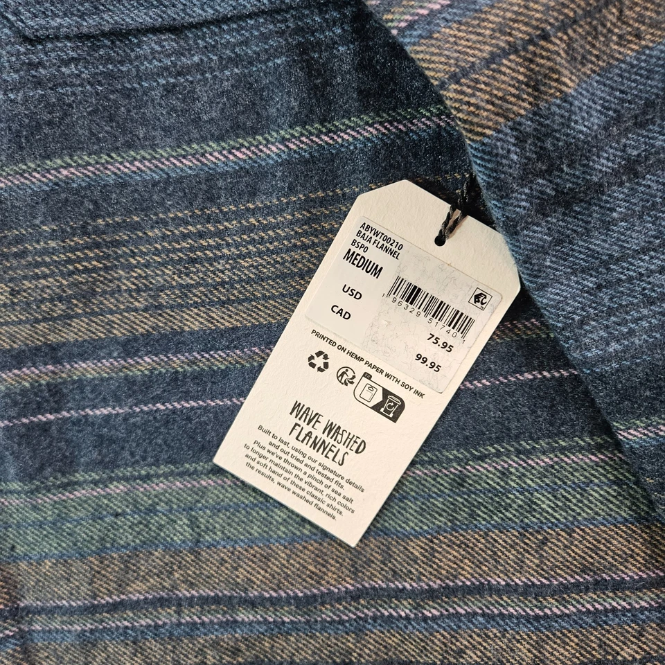 $75 NEW Billabong Hooded Flannel Shirt Jacket Men Medium Gray Blue Striped - Image 4 of 4