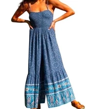 Natural Life Layla Blue Floral Wide Leg Jumpsuit Boho Smocked Size Small EUC