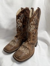 Old West Leather Western Boots Youth 3 D Brown BSC1958