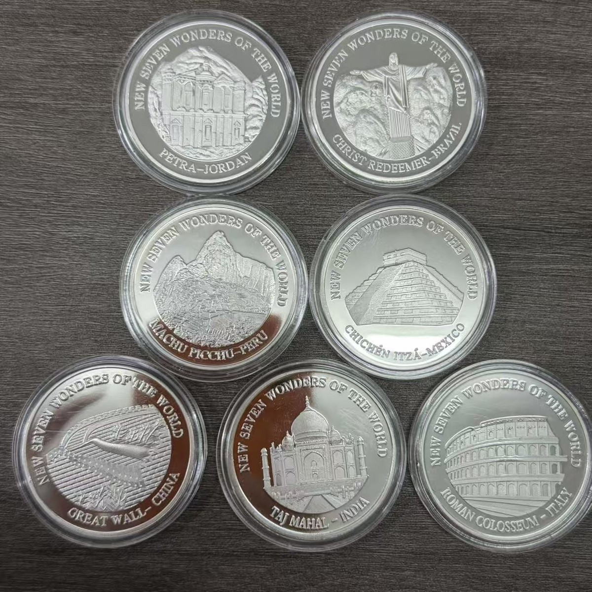 7Pcs New Seven Wonders of the World Coin Set Silver-Tone