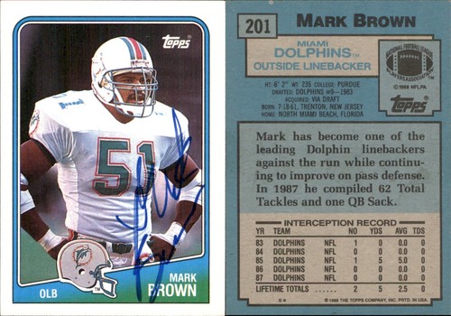 Mark Brown Signed 1988 Topps #201 Card Miami Dolphins Auto AU Autograph Den