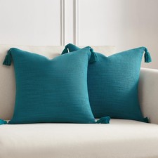 Set of 2 Teal Pillow Covers 20x20 with Tassels, Linen Look Decorative Throw C...