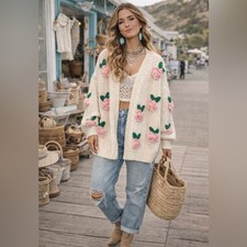 Cream Open Knit Floral Cardigan Pink Roses Boho   One Size NWOT