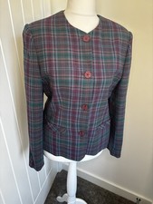 Vintage Compliments 100% Wool Tartan Blazer UK 14 Green Purple Plaid Tailored