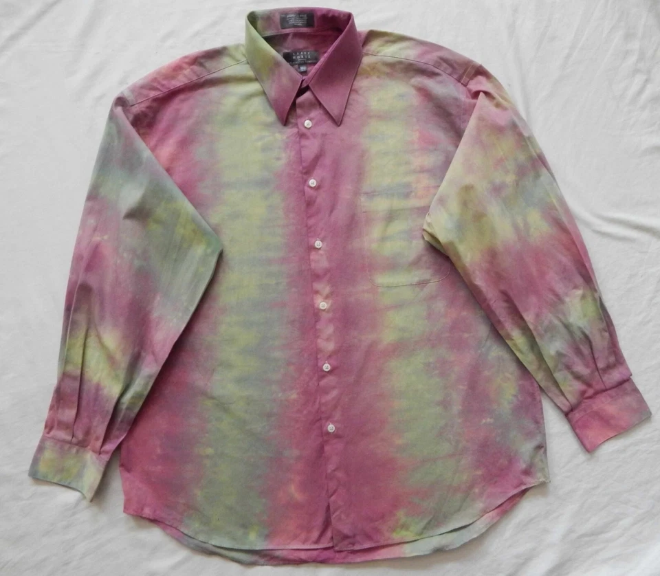 Camisa social Tie Dye rosa roxo amarelo listrado manga longa botão para cima masculina grande - Imagem 3 de 4